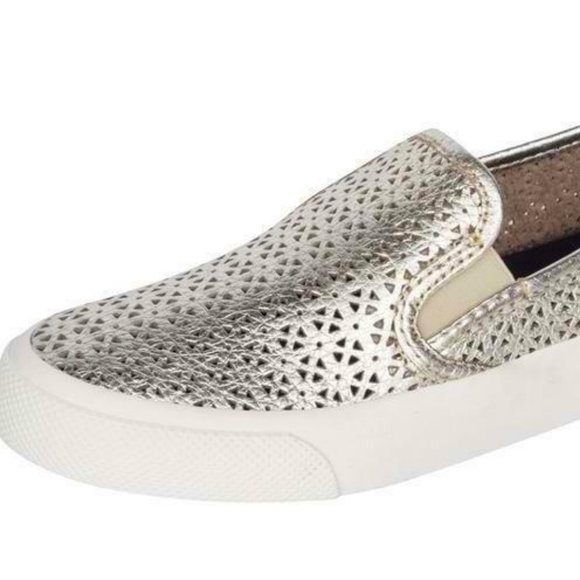 NWT SPERRY TOP SIDER WOMENS SEASIDE PERFORATED EMBOSS LEATHER SHOES PLATINUM 5.5 - Picture 3 of 10